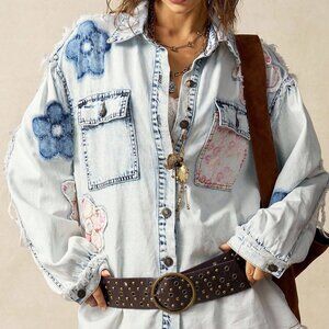 Blue Casual Women's Woven Patchwork Floral Long Sleeve Loose Wash Denim Shirt